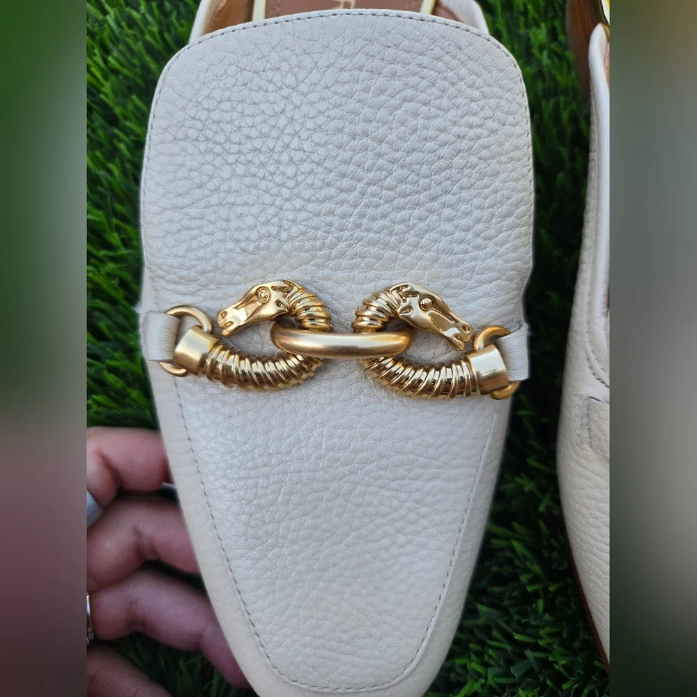 Tory Burch Cream Mules with Gold Chain Detail Size 7